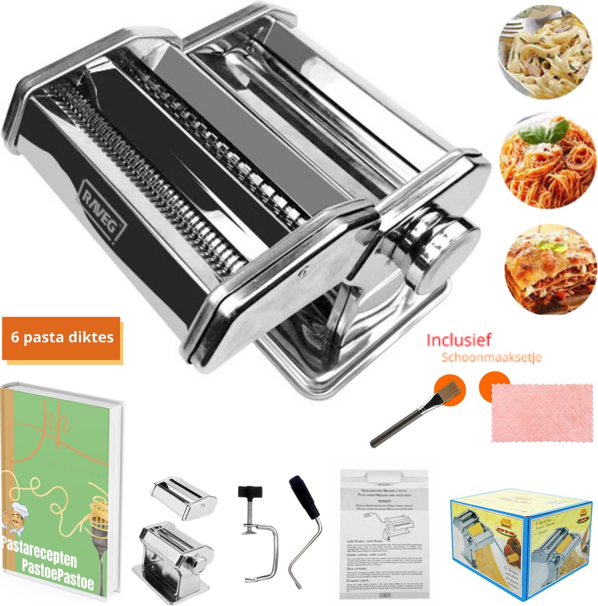 Pastamachine Pastamaker Pasta Machine Pastabijbel Pasta Kookboek - Incl. schoonmaaksetje - Incl. pastaboek via mail - RAVEG ®
