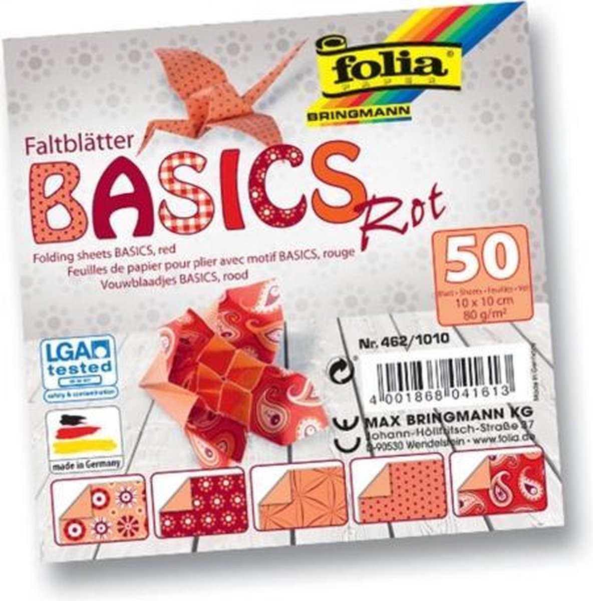 Vouwbladen 10x10cm 80g 10x5 ass. basics rood