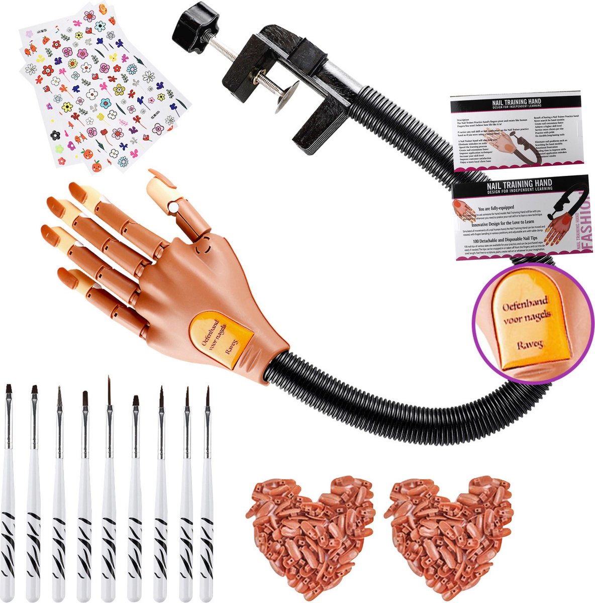 Oefenhand voor Nagels Nail Art Acryl Nagels Starterspakket Oefenhand - Incl. 200 nageltips - Incl. 8 penselen - Incl. Stickervel - RAVEG