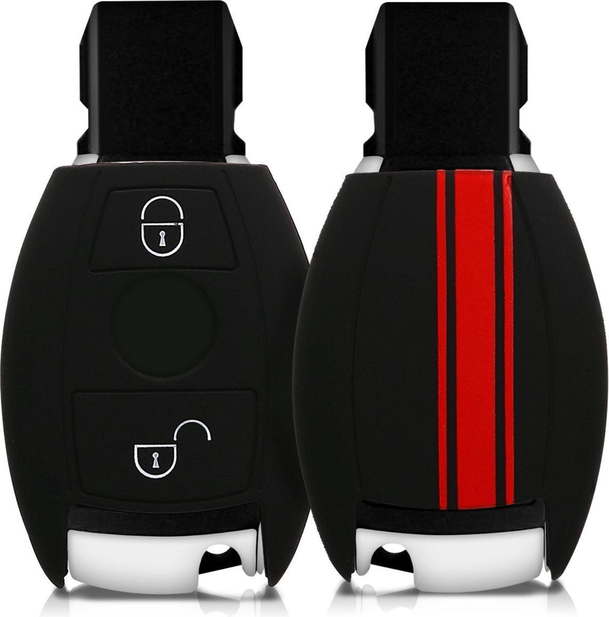 kwmobile autosleutelhoes voor Mercedes Benz 2-knops autosleutel (alleen Keyless Go) - Siliconen beschermhoes in rood / zwart - Rallystrepen design