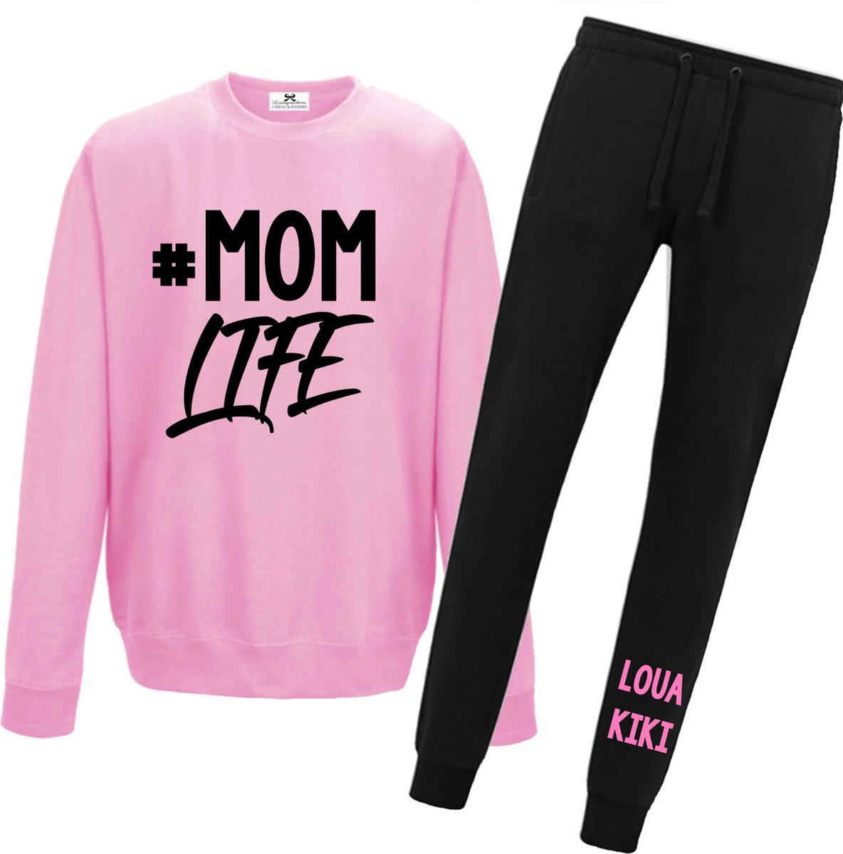 Joggingpak dames-#momlife met kindernaam-namen-roze-zwart-Maat Xl