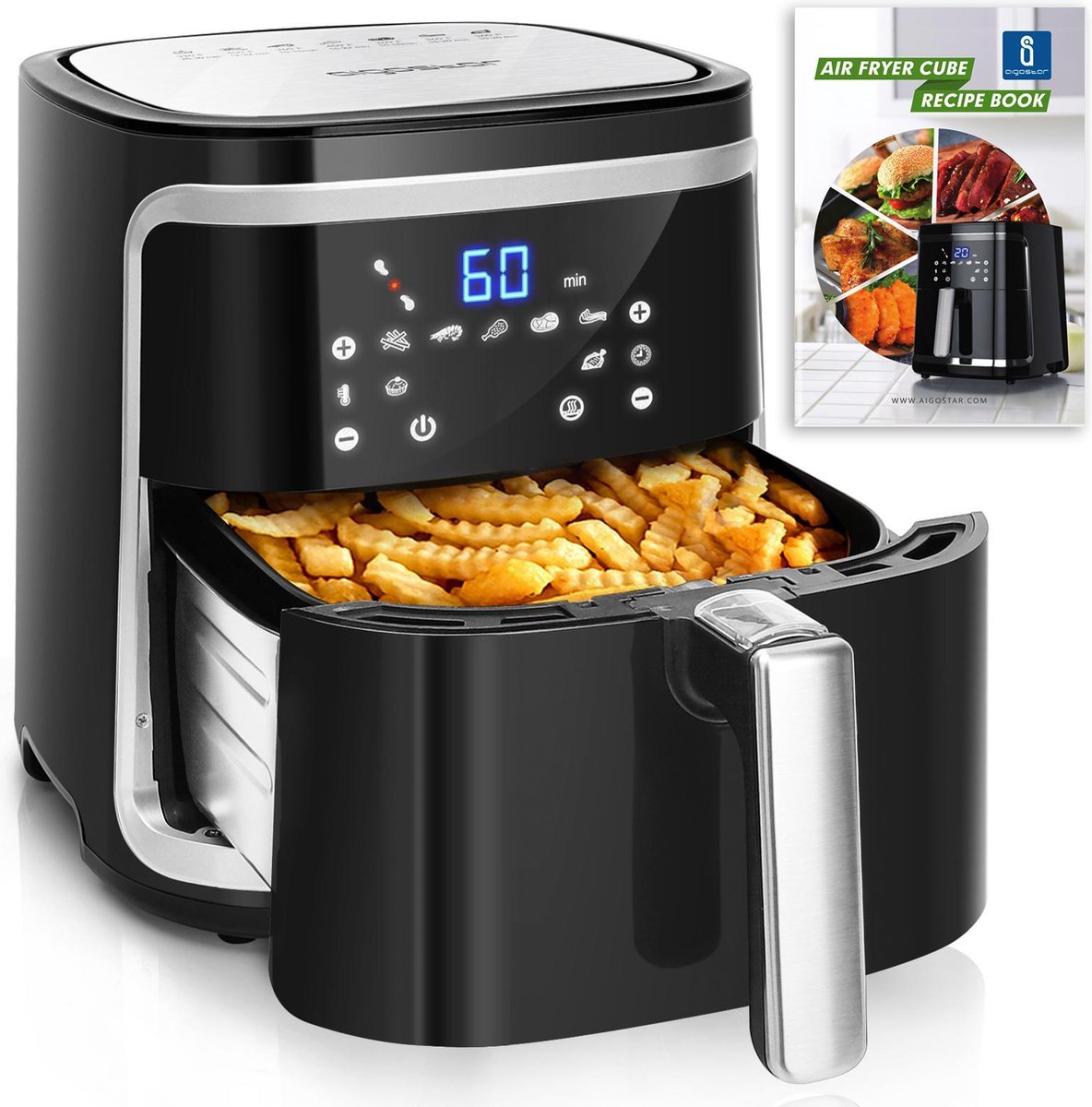 Aigostar Cube 30IBT -   XXL Digitaal Airfryer  - 7L Hetelucht Friteuse - Receptenboek - Zwart