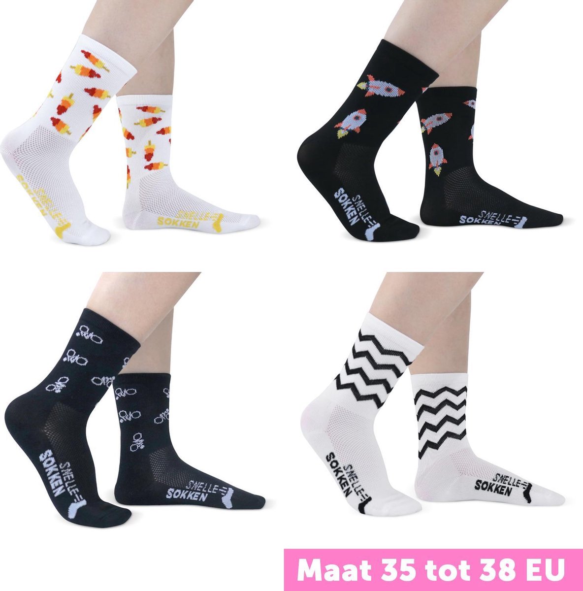 Vrolijke Fietssokken - Ice Cream Print - Wit - Maat 35 tot 38 - Maat 39-45