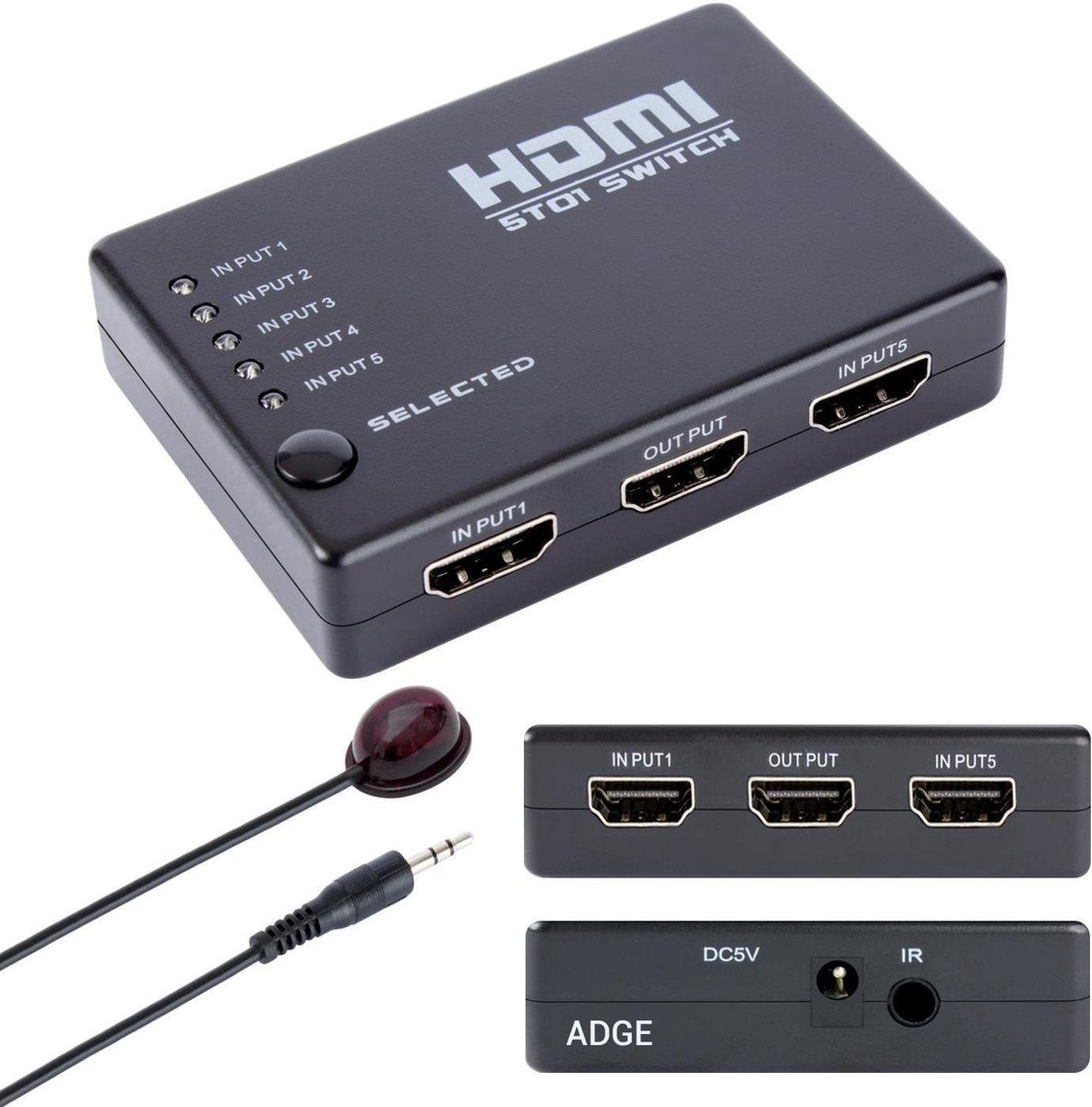 HDMI Switch - HDMI 5 in 1 Splitter (2021) + Inclusief Afstandsbediening - 1080p Full HD - Indicatie LED - Zwart - Full HD/4K Ultra - Adge®
