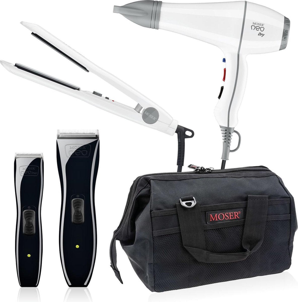 Moser Profiline Neo.kit Black & White  Tondeuse+trimmer+stijltang+haardroger Set in Tas