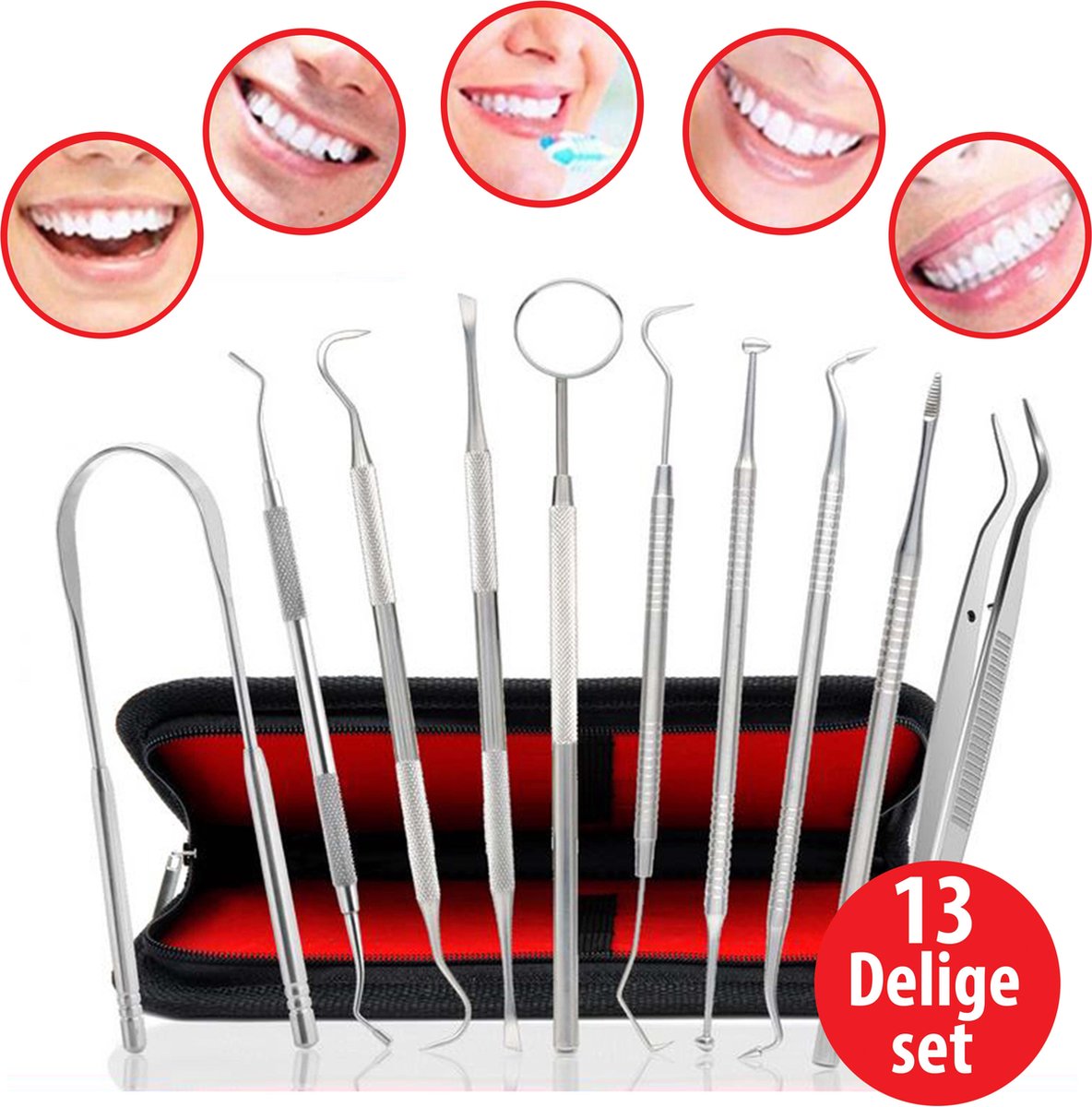 Luxe Professionele Tandarts Set - 13-Delige Set - Tandsteen Verwijderaar - Gebitsverzorging - Tongschraper - Tandplak Verwijderaar - Tandarts setje - Mond Spiegel - Tand Verzorgingsset - Bewaar Etui - Roestvast Staal - Tanden - Gebit - Verzorging