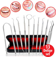 Luxe Professionele Tandarts Set - 13-Delige Set - Tandsteen Verwijderaar - Gebitsverzorging - Tongschraper - Tandplak Verwijderaar - Tandarts setje - Mond Spiegel - Tand Verzorgingsset - Bewaar Etui - Roestvast Staal - Tanden - Gebit - Verzorging