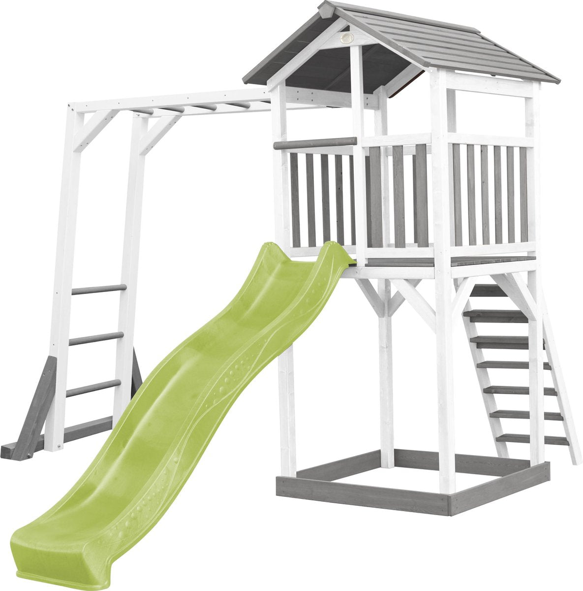 AXI Beach Tower Speeltoren met klimrek Grijs/wit - Limoen Groene Glijbaan - Zandbak - FSC Hout