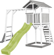 AXI Beach Tower Speeltoren met klimrek Grijs/wit - Limoen Groene Glijbaan - Zandbak - FSC Hout