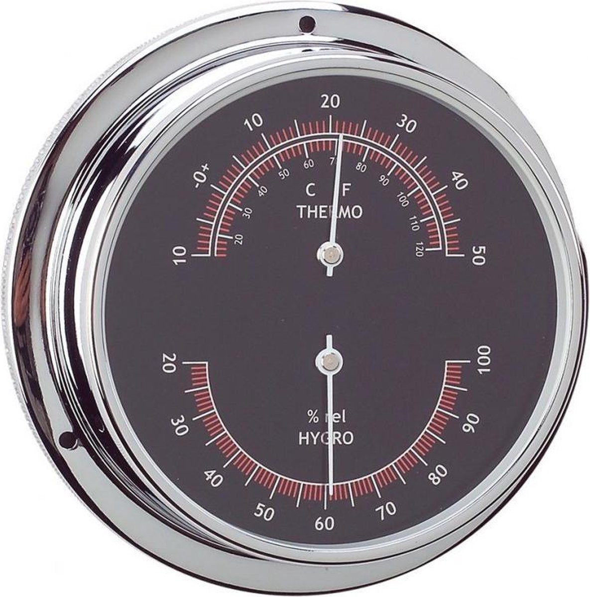 ANVI chroomkleurige Thermo-Hygrometer Ø 120 mm