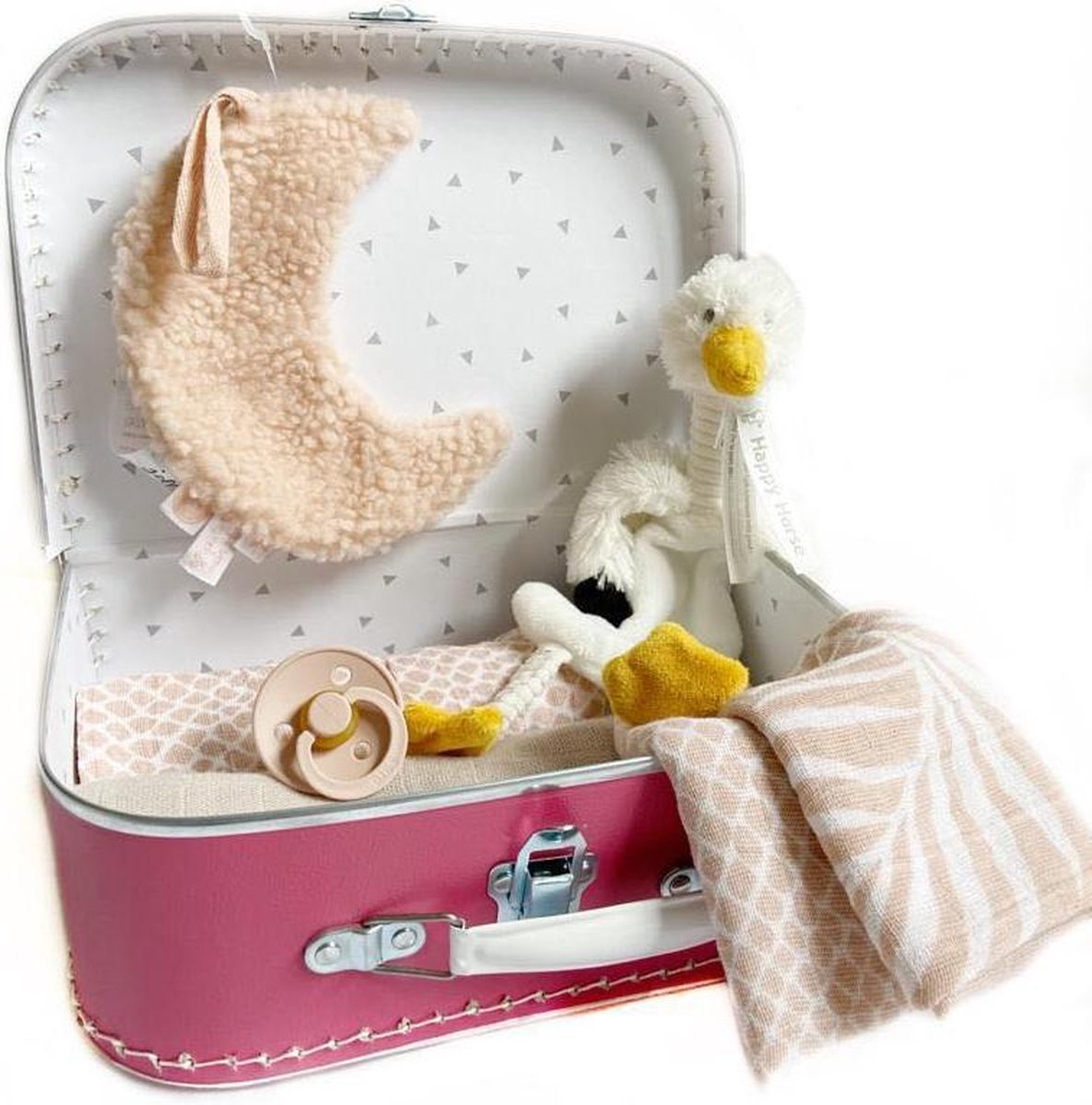 Geboortekoffer | kraamcadeau | Jollein | BIBS | Trixie | Anais | Happy Horse | speen | geboortepakket | fuchsia roze | koffer | kinderkoffer | logeerkoffer