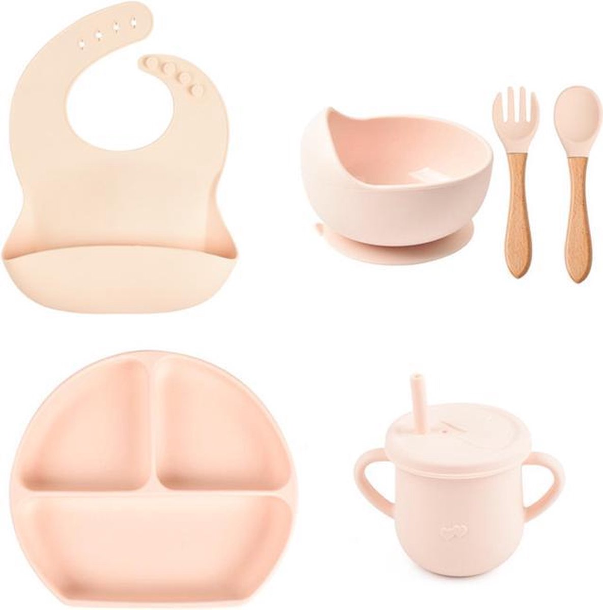 Baby Siliconen 6-delig / kinderservies voor Baby / Peuter - Uni / Jongen / Meisje / Plaat - Kom -Slabbetje - Beker - Lepel & Vork