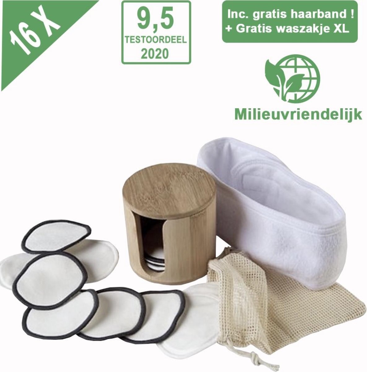 Gluxury 16 XL herbruikbare wattenschijfjes Bamboe 3 laags Extra zacht  – Wasbare wattenschijfjes Katoen – Wasbare Make up Pads + Waszak + hoofdband + Bamboe Houder - Zero waste Producten – Duurzame Wattenschijfjes – Make up remover