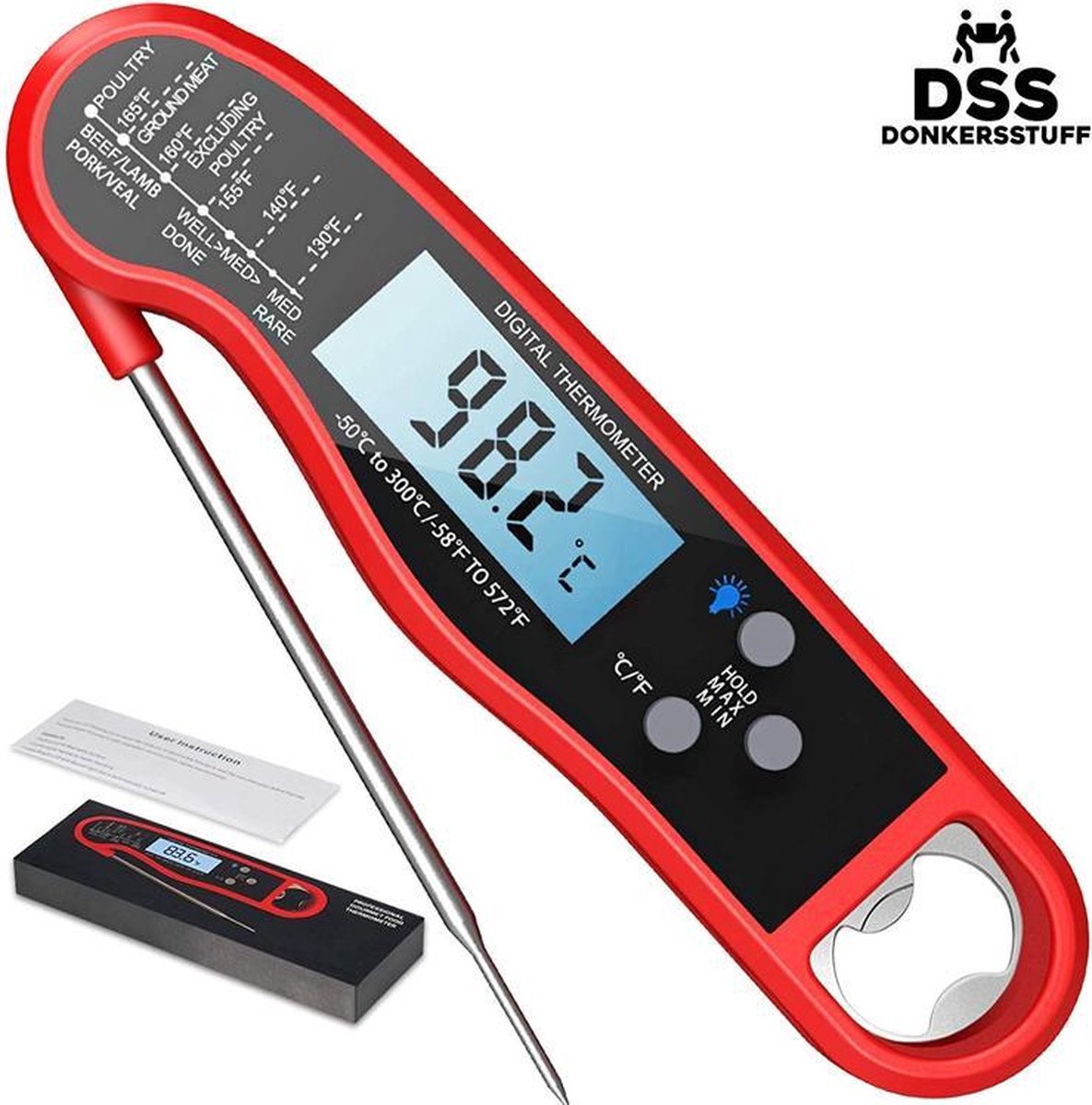 Donkersstuff - Vleesthermometer - Kernthermometer - Voedselthermometer - Kookthermometer - BBQ Thermometer - Bieropener - Tot 300°C