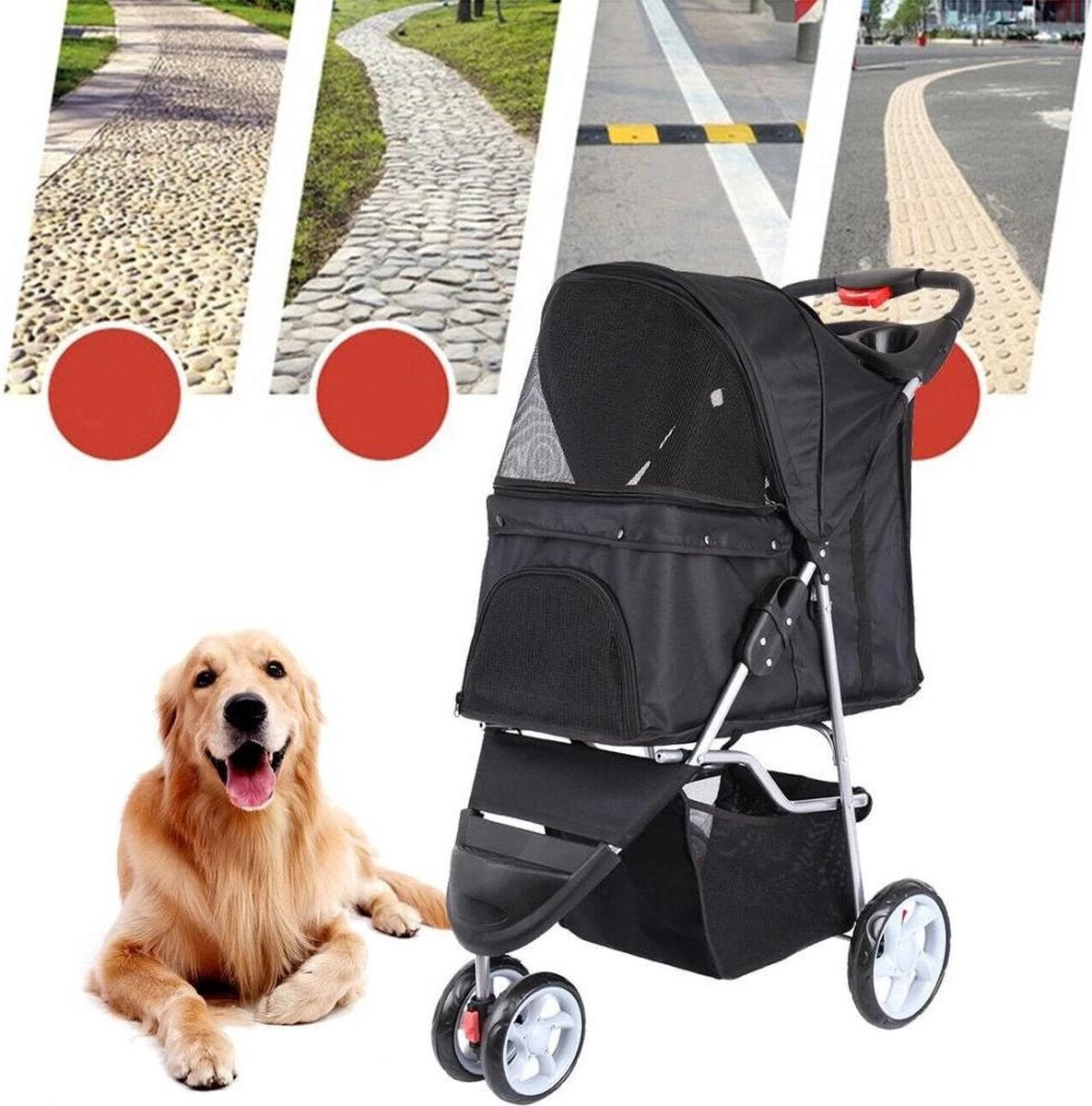 TBG Outdoor Huisdier Winkelwagen Hond Hond Puppy Carrier Huisdier Wandelwagen Multicolor Oxford Doek Stalen Pijp Hoge intensiteit 3-wielen Een-sleutel vouwen Black