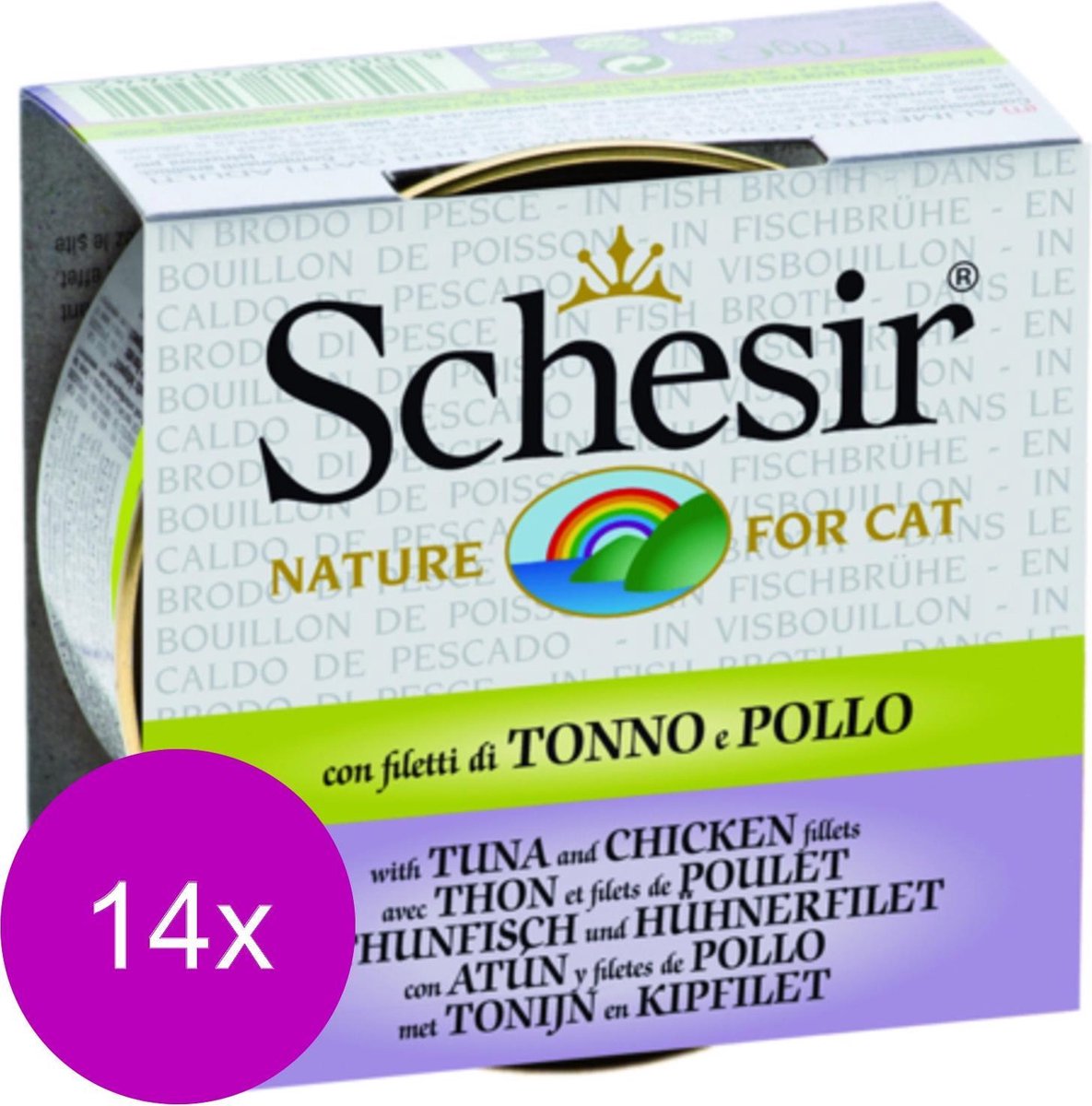 Schesir Natvoer in boullion - Tonijn en kipfilet - 14 stuks à 70 gram