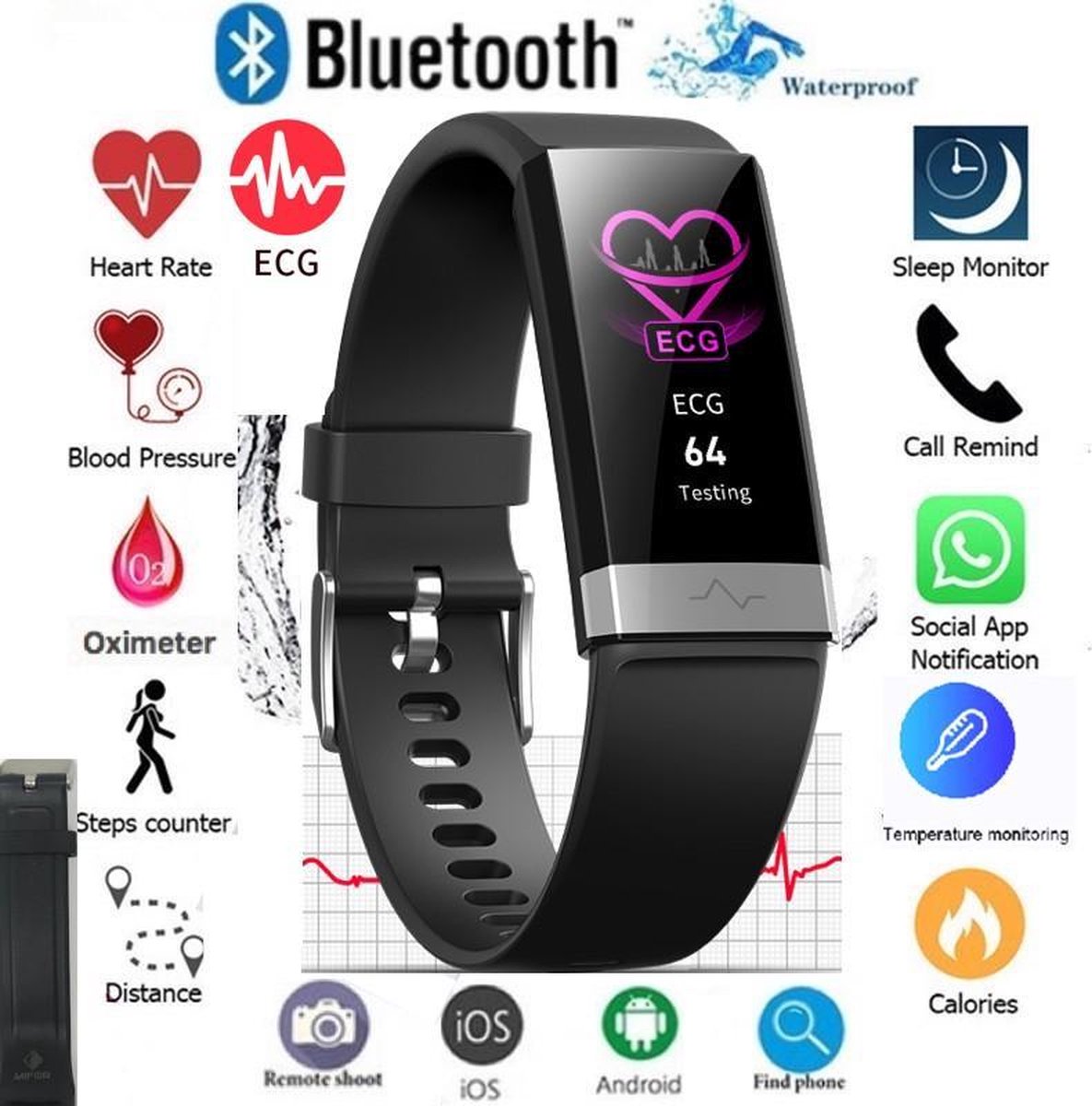 MIFOR® 2020 Hartslagmeter - ECG - Thermometer MET Saturatiemeter- ECG functie met APP - Hartslagmeter- Bloeddrukmeter - Alternatief Apple Watch