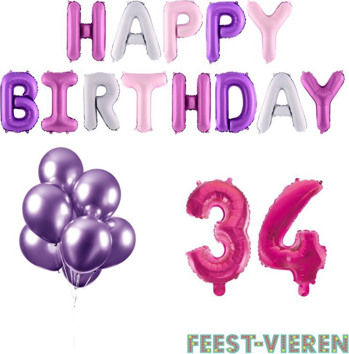 34 jaar Verjaardag Versiering Ballon Pakket Pastel & Roze