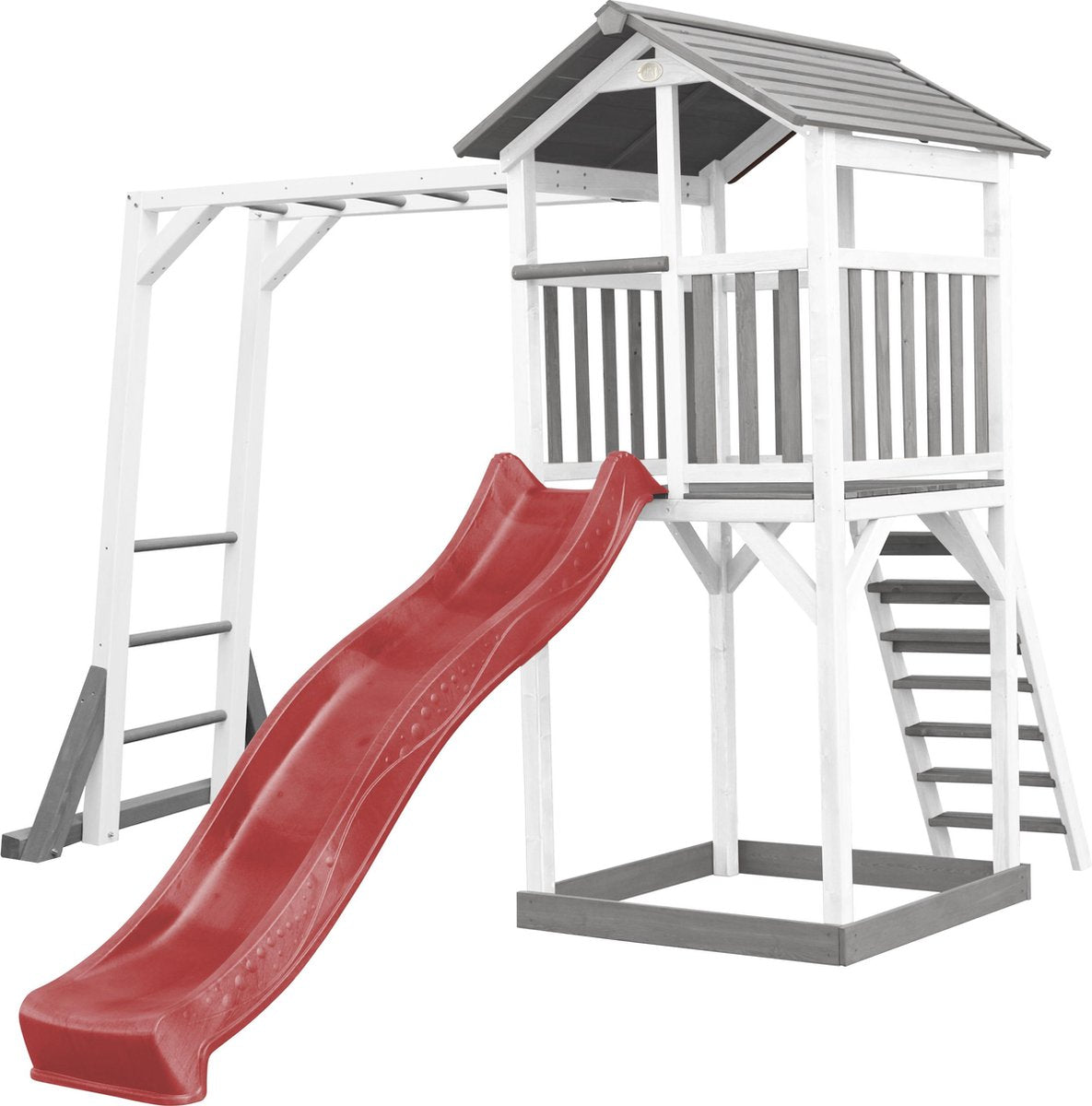 AXI Beach Tower Speeltoren met klimrek Grijs/wit - Rode Glijbaan - Zandbak - FSC Hout