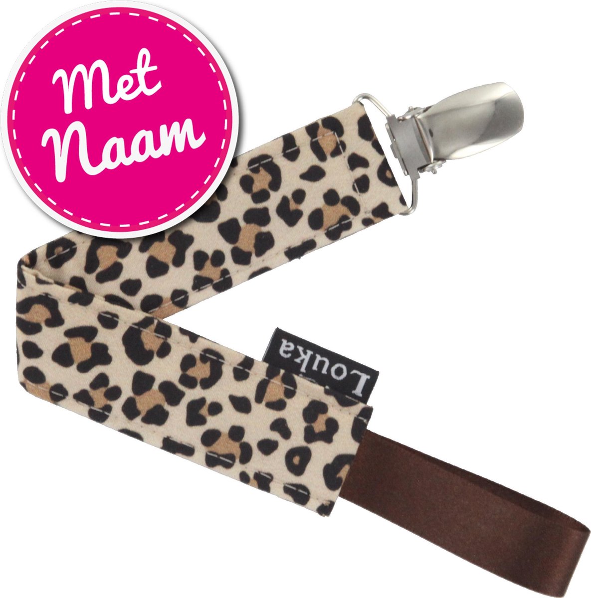 Louka speenkoord panter met naam -speenketting - katoen - bruin
