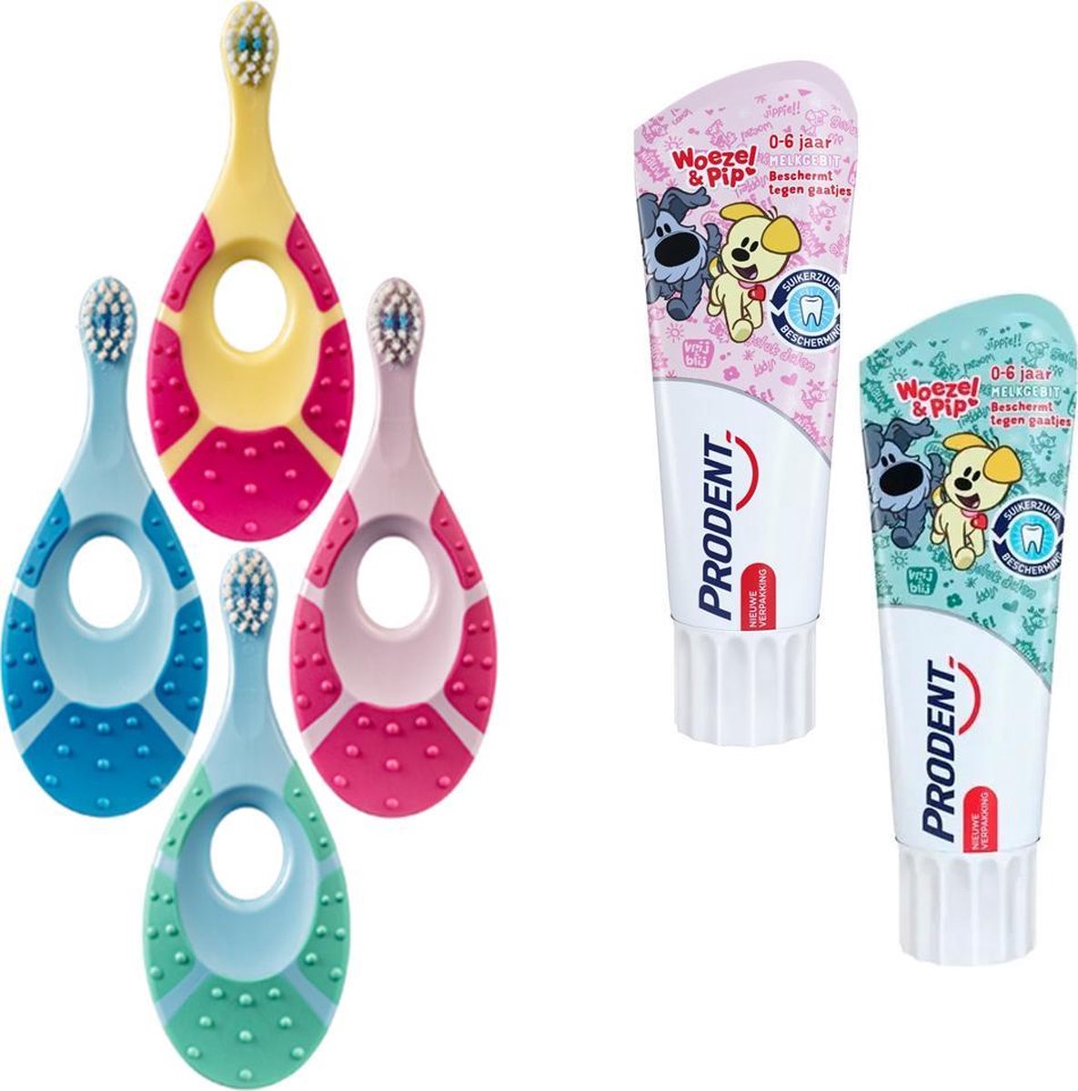 Jordan Step-By-Step 1 -  4x Tandenborstel  (0-2 jaar) met 2x Prodent Woezel & pip Tandpasta