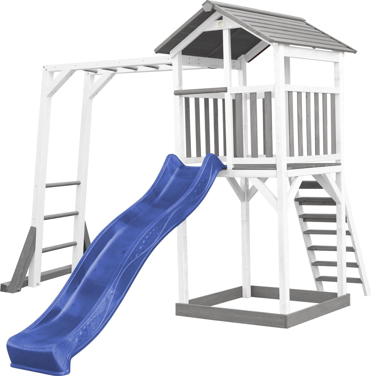 AXI Beach Tower Speeltoren met Klimrek Grijs/wit - Blauwe Glijbaan - Zandbak - FSC Hout