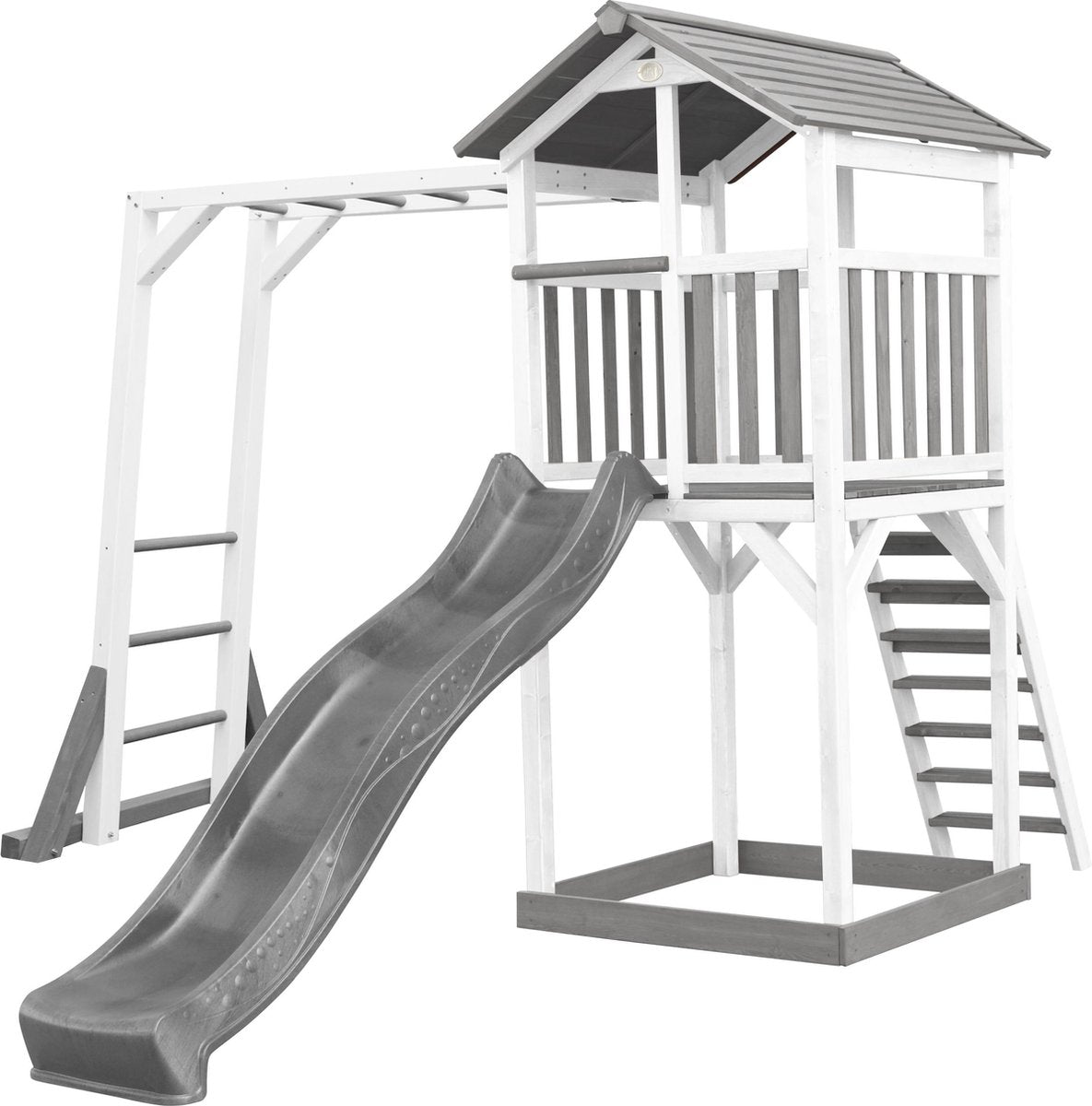 AXI Beach Tower Speeltoren met klimrek Grijs/wit - Grijze Glijbaan - Zandbak - FSC Hout