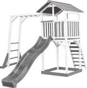 AXI Beach Tower Speeltoren met klimrek Grijs/wit - Grijze Glijbaan - Zandbak - FSC Hout