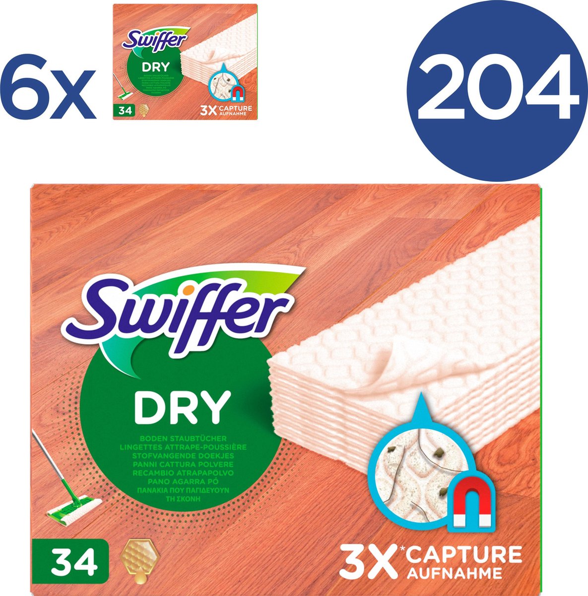 Swiffer Vloerreiniger Droge Doekjes Voor Parket - Voordeelverpakking 6 x 34  Navullingen