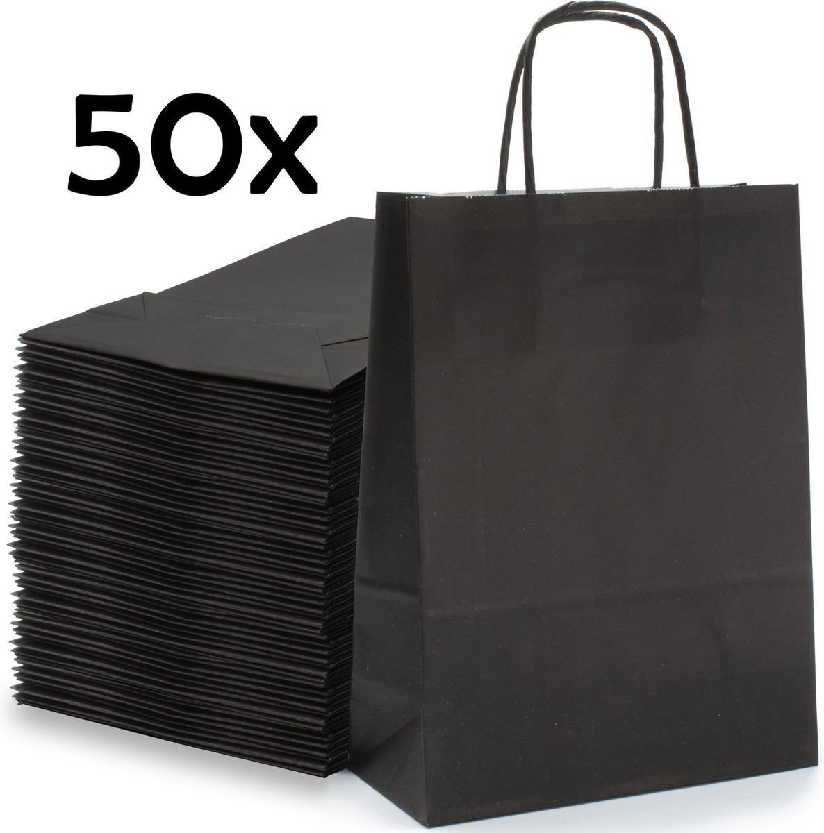 PrimeAmbition Kraft Papieren Tasjes Met Handvat – 50 Stuks – Zwart – 18 x 8 x 24 cm – Papieren Zakjes - Gift Bag – Geschenktas – Cadeautasjes – Cadeauzakjes – Cadeau Tas