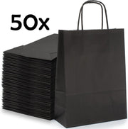 PrimeAmbition Kraft Papieren Tasjes Met Handvat – 50 Stuks – Zwart – 18 x 8 x 24 cm – Papieren Zakjes - Gift Bag – Geschenktas – Cadeautasjes – Cadeauzakjes – Cadeau Tas