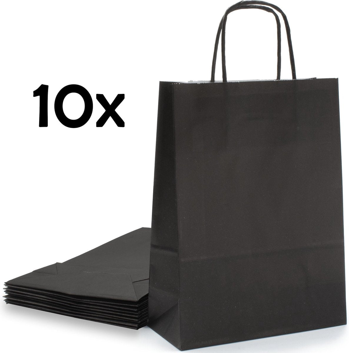PrimeAmbition Kraft Papieren Tasjes Met Handvat – 10 Stuks – Zwart – 18 x 8 x 24 cm – Papieren Zakjes - Gift Bag – Geschenktas – Cadeautasjes – Cadeauzakjes – Cadeau Tas