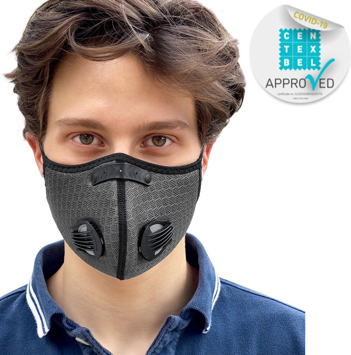 BREEZY luxe mondkapje - Grijs mondmasker - maat Medium verstelbaar - met 4x wegwerp filter & 4 ventielen vervangbaar - herbruikbaar comfortabel mond kapje voor sport - medische filtering - in opbergzakje