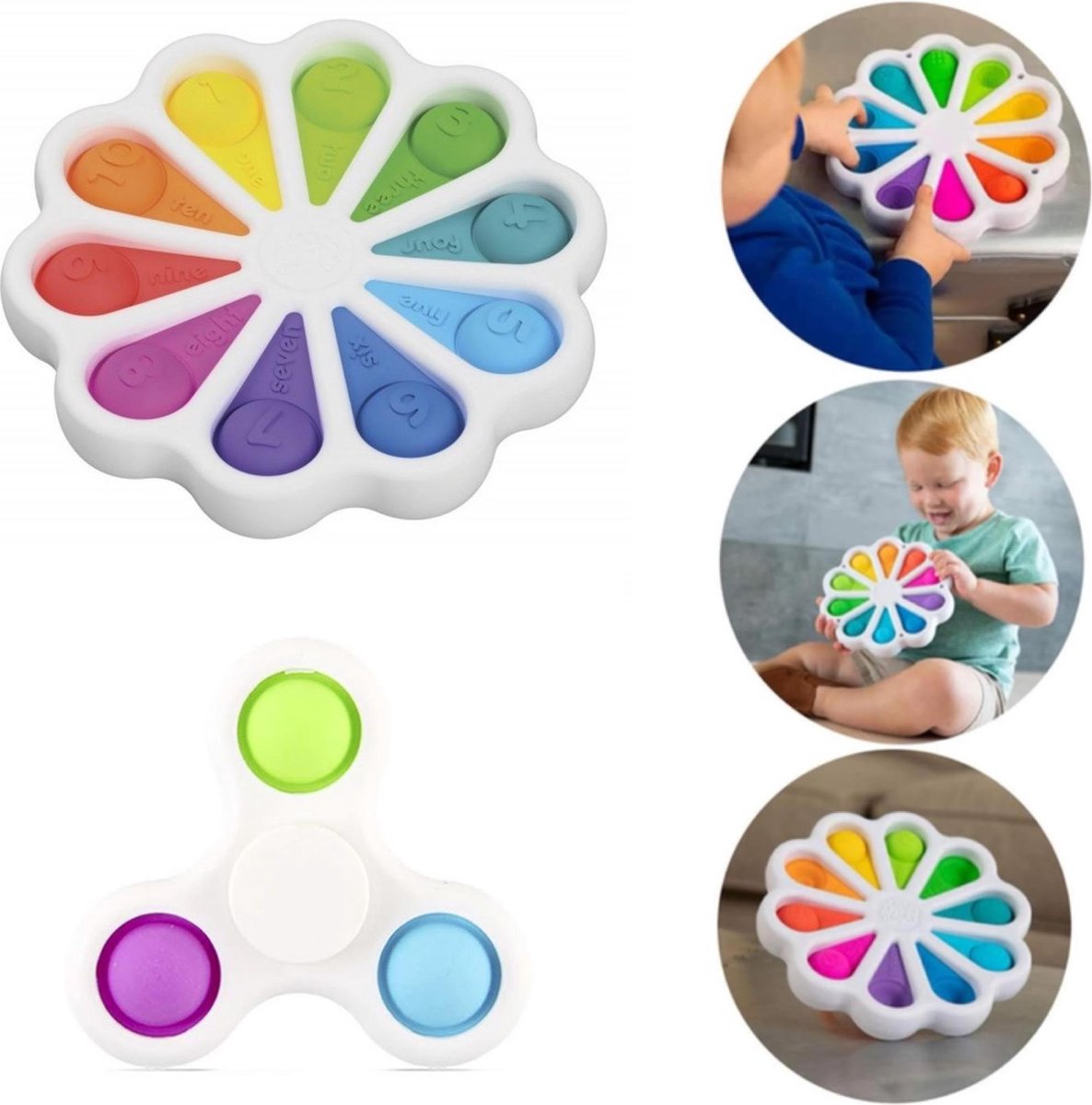 EverToys  Dimple Digits - Simple Dimple - 2x stuks - xxl - xl  - mini - Sleutelhanger - Fidget Toys - Groot - Regenboog - Knijpbal - Pop it - Wit
