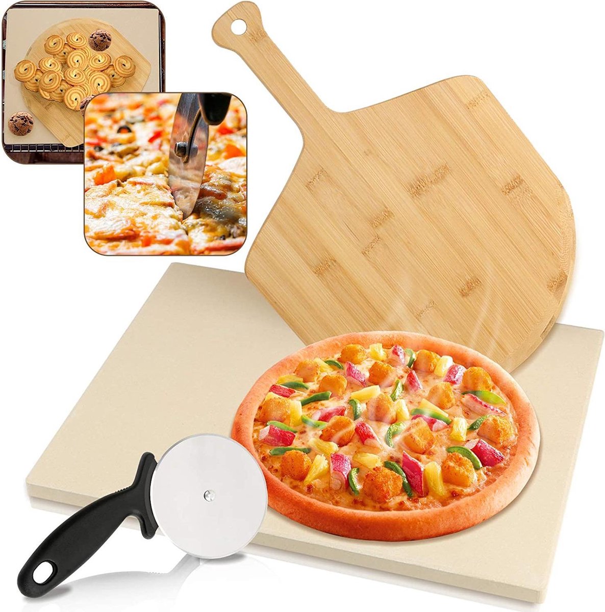 Baksteen | Ovensteen | Pizza | Pizzaschep | Hout | Roestvrij Staal | 38x30x1