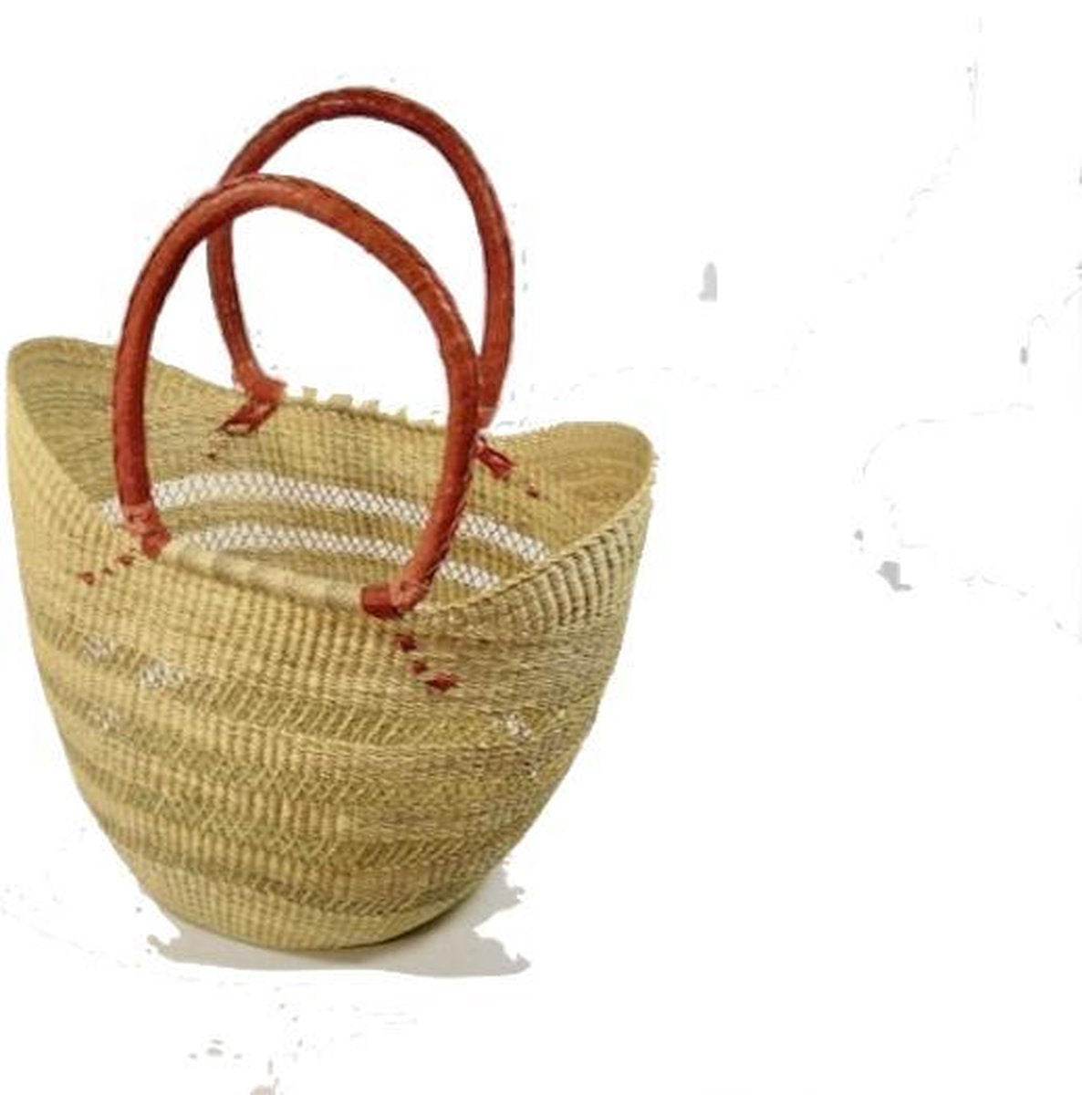 Rieten boodschappen tas naturel met open net structuur en met rood leren hengsels Bolgatanga