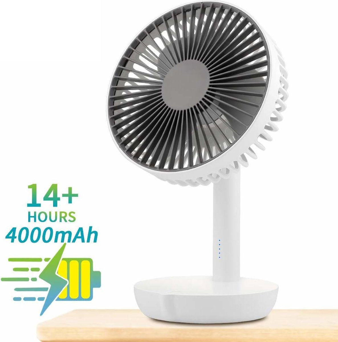 Evolize Stille Draadloze Mini Tafelventilator met Powerbank - 5 Snelheden - USB Oplaadbaar - Wit