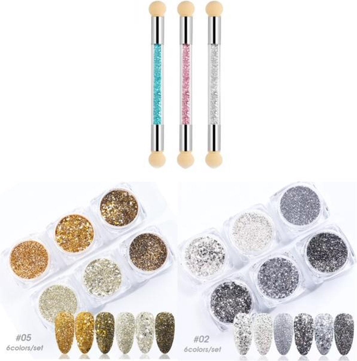 GUAPÀ Nagel Nail Art Glitter Poeder Set Inclusief Blooming Penselen in diverse kleuren voor het maken van Nail Art