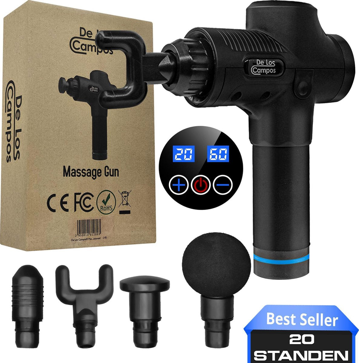 De Los Campos Massage Gun - Professioneel - 20 Standen & 4 Opzetstukken - LCD-Scherm - Massage Pistool - Massagegun - Luxe Opbergkoffer - Ontspanning & Sport - Spierherstel - Massage Apparaten - Eenvoudig & Effectief