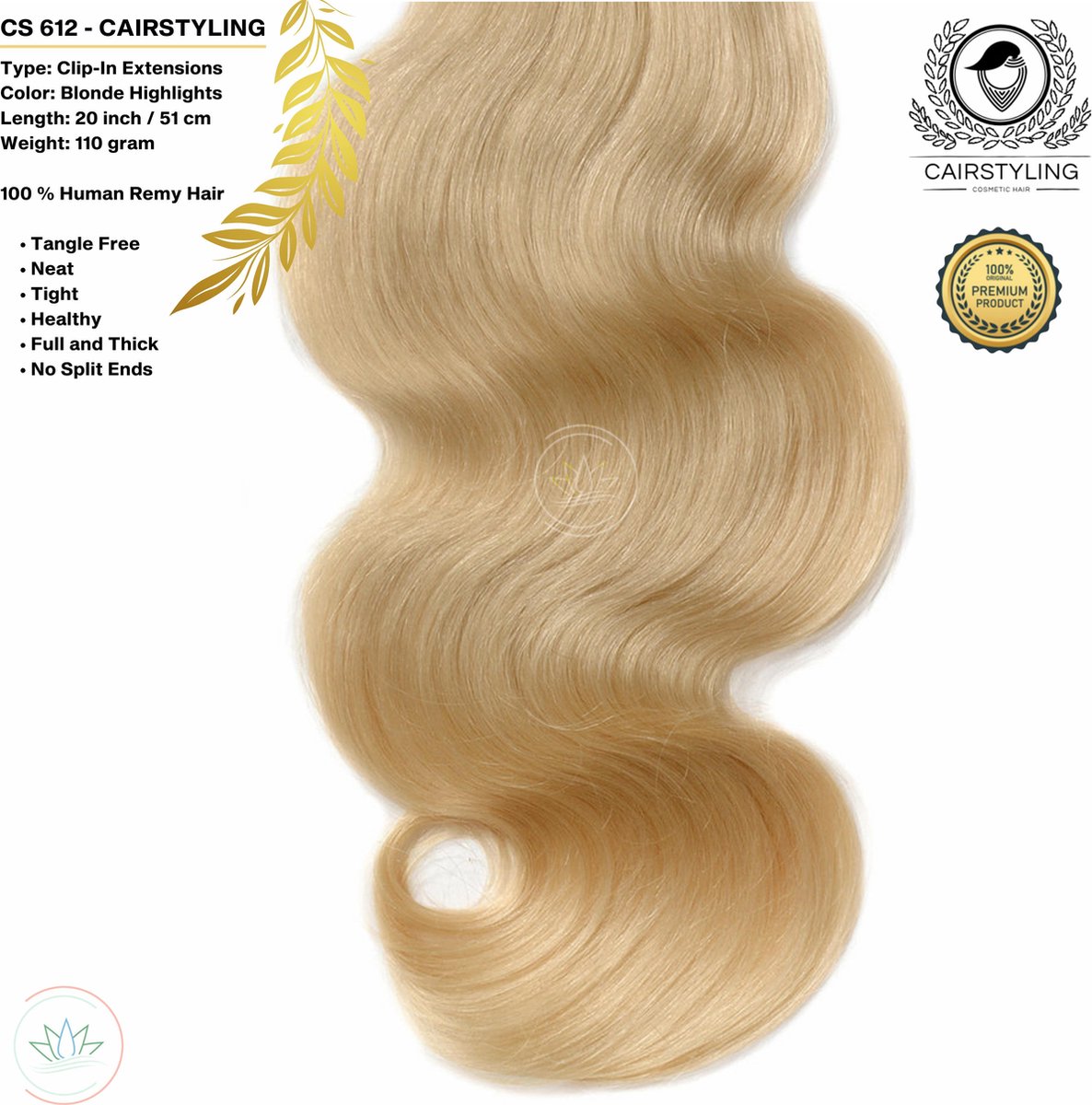 CAIRSTYLING Premium 100% Human Hair | Blonde Clip-in Hair Extensions CS612| 110 Gram | 51 CM (20 inch) | Haarverlenging | Best Quality Hair Long-term | Blond Remy Clip Ins | Natuurlijke Haarverlenging | Inclusief Velvet Bag