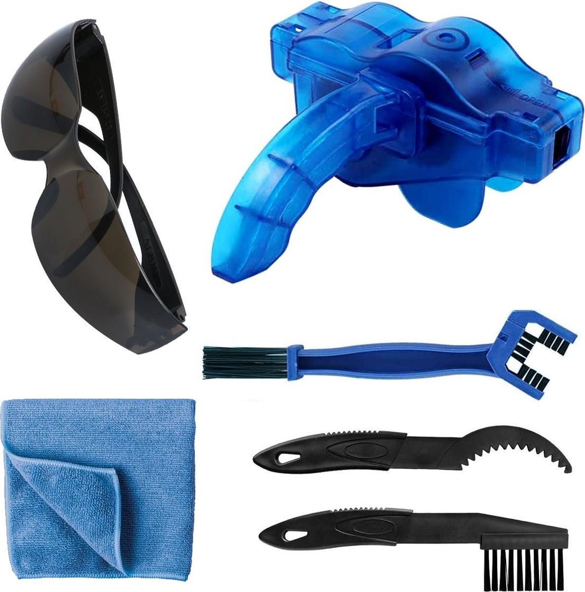 Fietsketting Reiniger + Fietsbril - Fietsketting Reiniger - Ketting Schoonmaken - Kettingborstel - Fiets Schoonmaak Set - Ontvetter fiets - Kettingreiniger - Fietsketting Smeermiddel - Fiets Accessoires  - Borstels - 6 - Delige Set - Fietsgereedschap