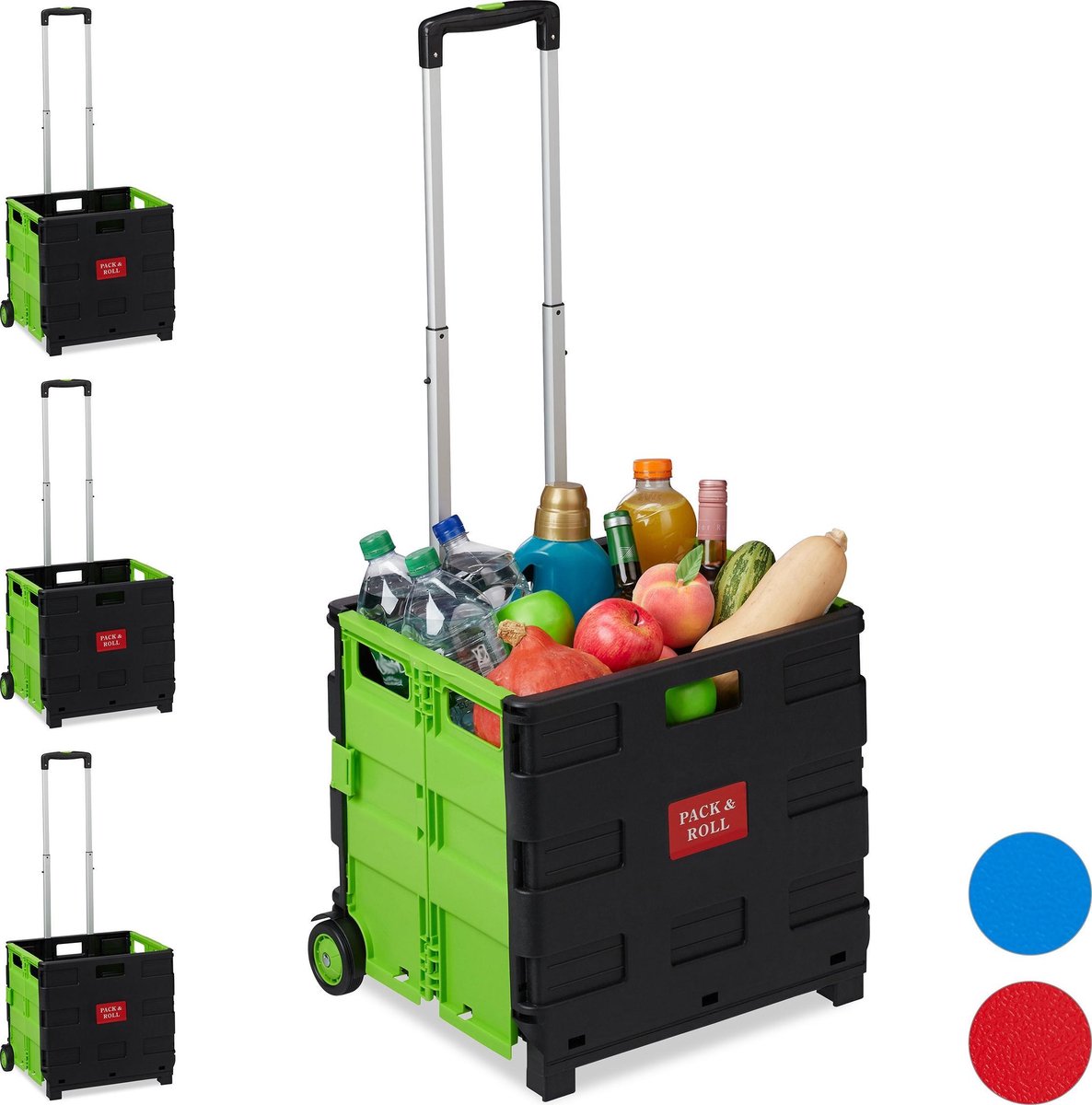 relaxdays 4 x boodschappentrolley - vouwkrat krat op wielen - boodschappenkar groen