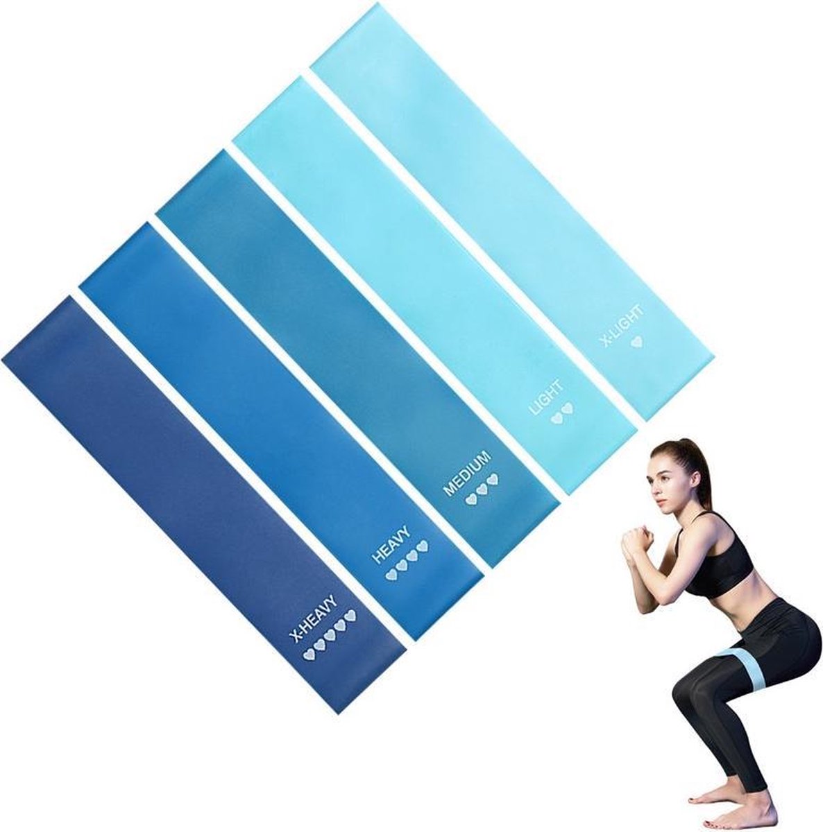 Nixnix- Weerstandsbanden set - 5 stuks - elestiek band fitness- 5 blauwe verschillende weerstandsniveaus - Booty band - Premium