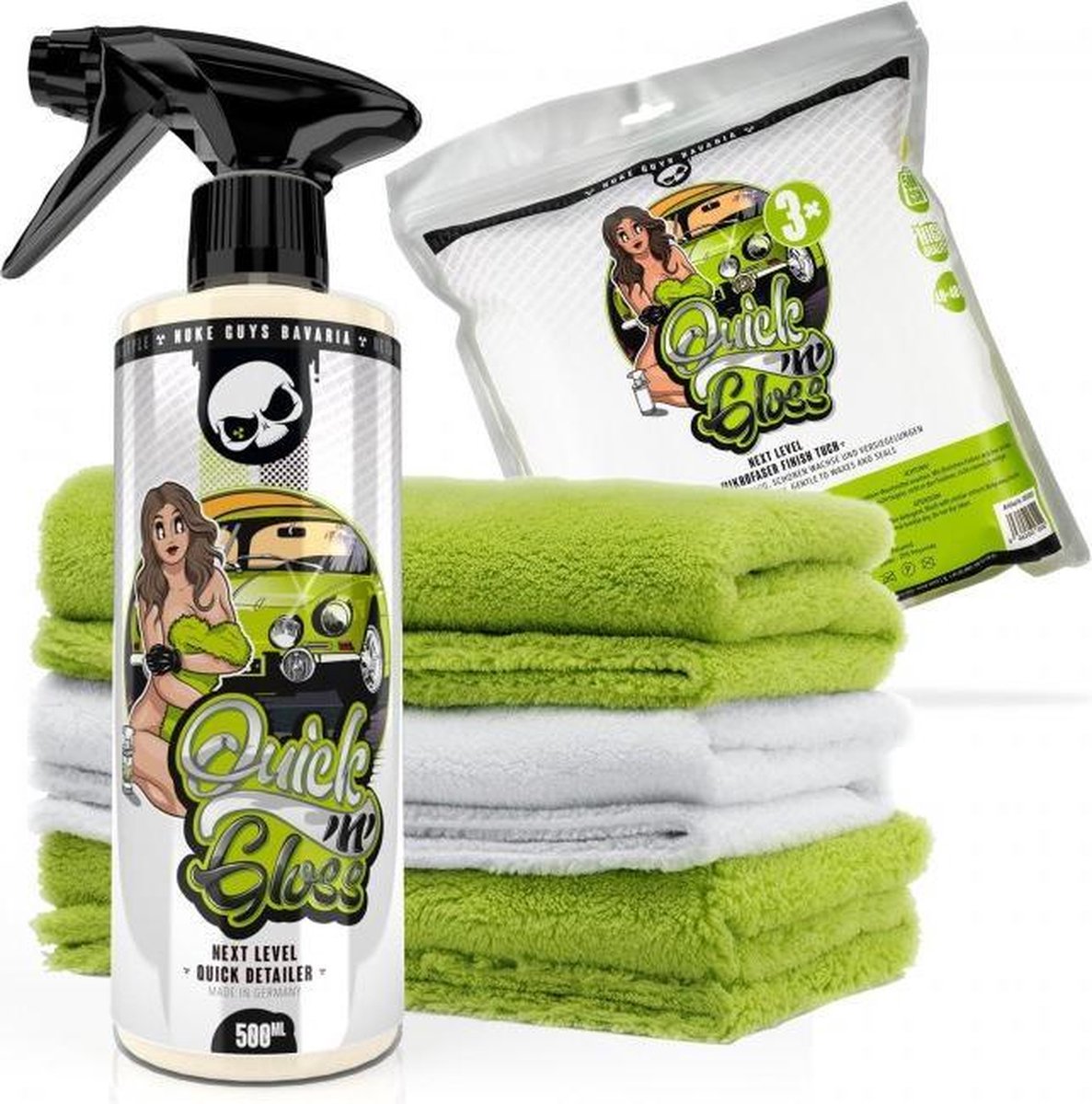 Quick Detailer (Spray Wax) Nuke Guys 500 ml samen met set van 3 super zachte microfiber doekjes 40x40 cm 500 gr/m2