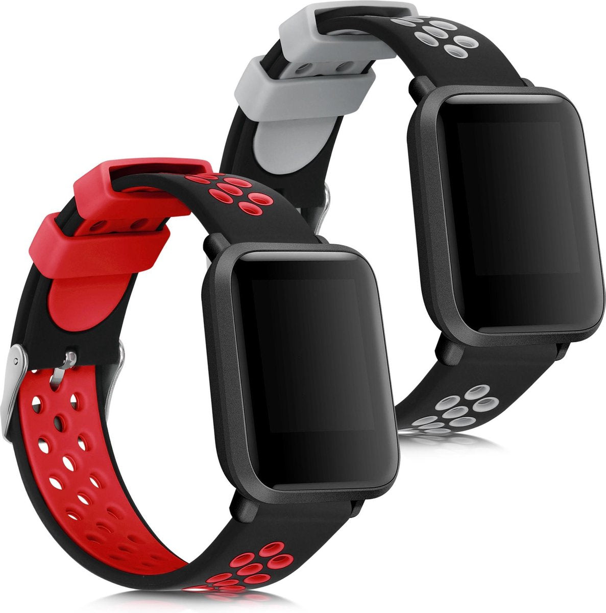 kwmobile 2x horlogeband voor Huami Amazfit Bip S / Bip S Lite - siliconen band voor fitnesstracker - zwart / rood / zwart / grijs