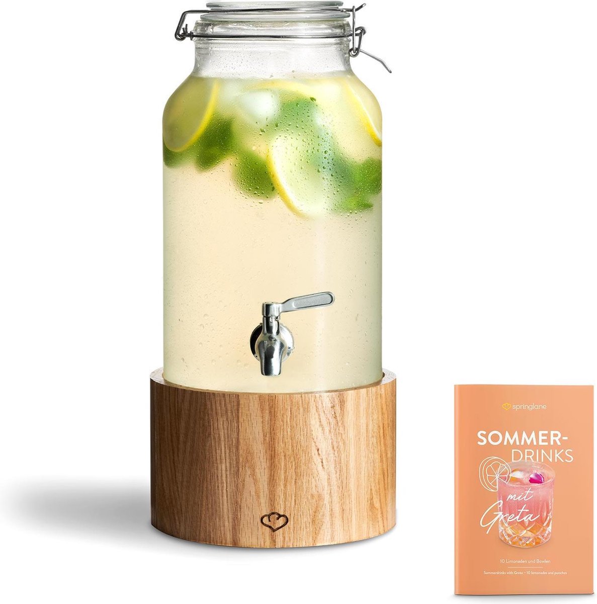 Springlane Kitchen Drankdispenser met Kraantje en Eiken Standart Greta 5 L | Limonade tap | Vintage Design Mason Jar