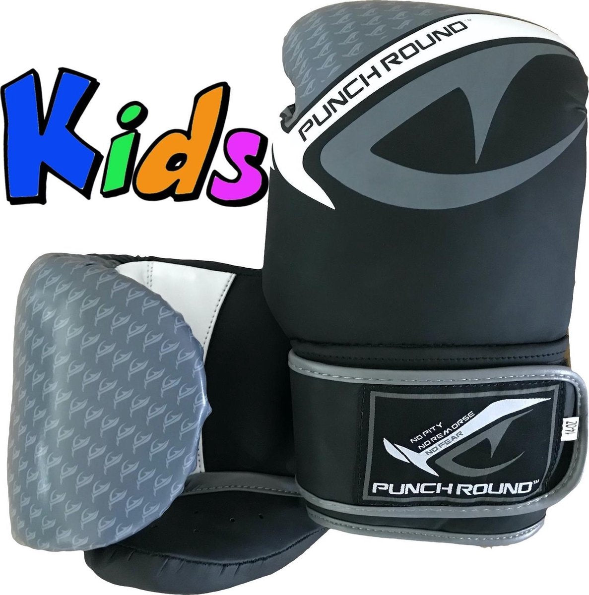 Punch Round No-Fear Bokshandschoenen Kids Zwart Grijs Kies hier uw maat Bokshandschoenen: 2 OZ