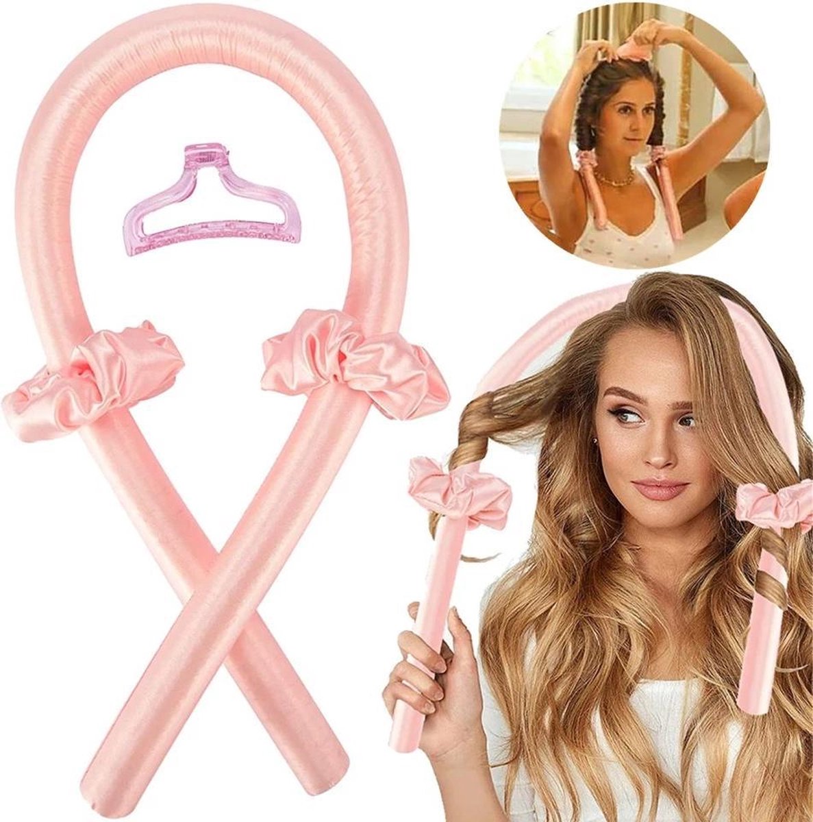 Haar kruller zonder hitte - Heatless Haarkruller Satijn - 100% silk hair curler - heatless curling ribbon - Rose gold