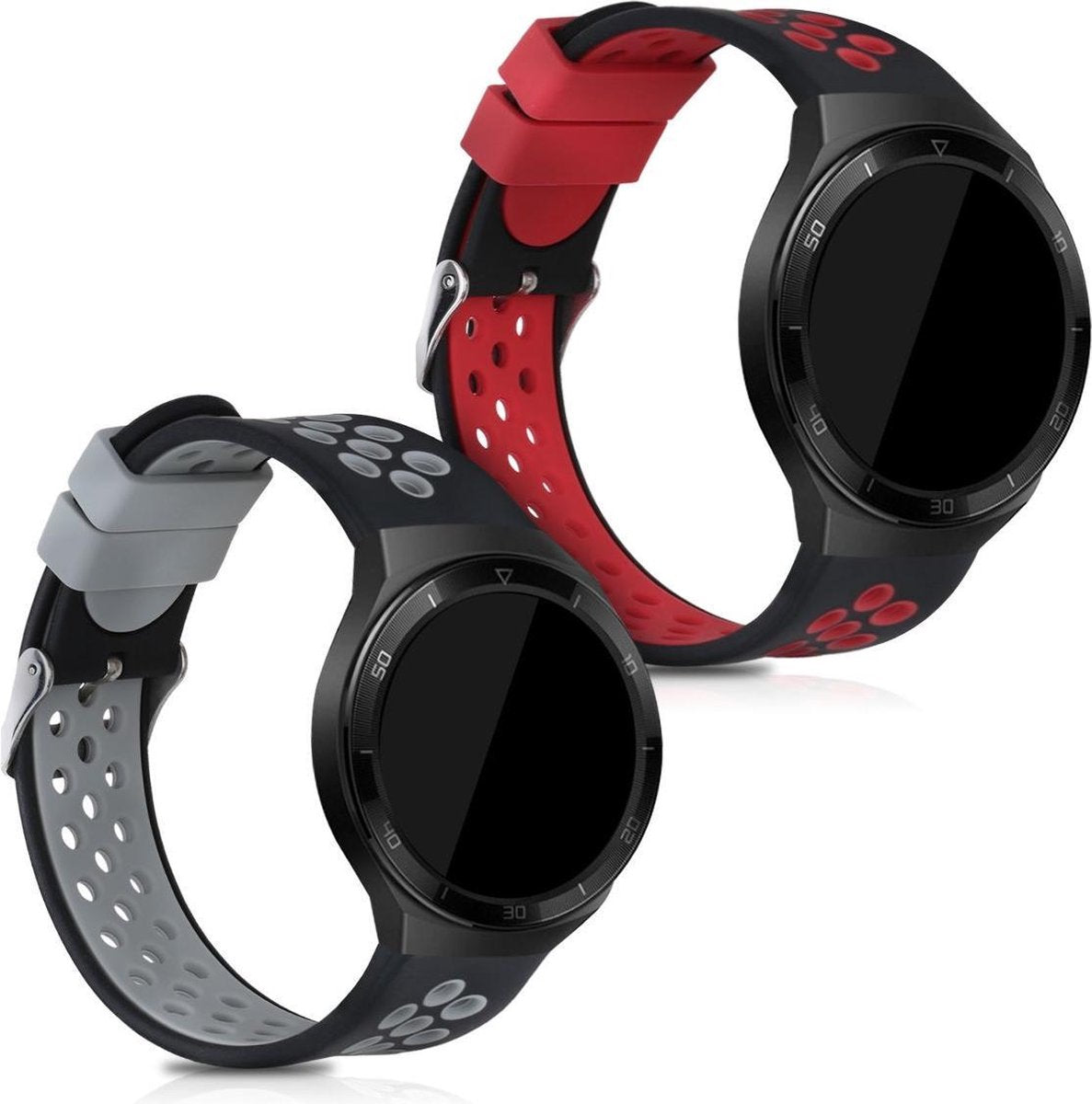 kwmobile 2x horlogeband voor Huawei Watch GT 2e - siliconen band voor fitnesstracker - zwart / rood / zwart / grijs