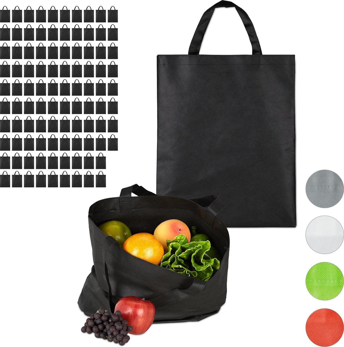 relaxdays 100 x boodschappentas - stoffen tas - effen gekleurd opvouwbaar - 50x40 – zwart